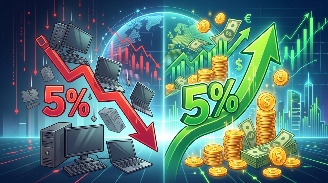 전 세계 PC 출하량 5% 감소, 매출은 오히려 상승